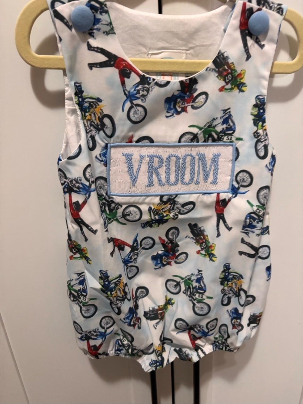 Vroom Motorcycle Print Blue Baby Romper